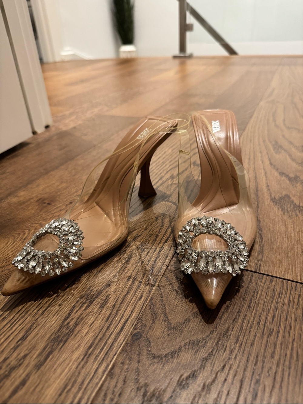 Zara Nude Pointed Toe Slingback Heels with Crystal Buckle